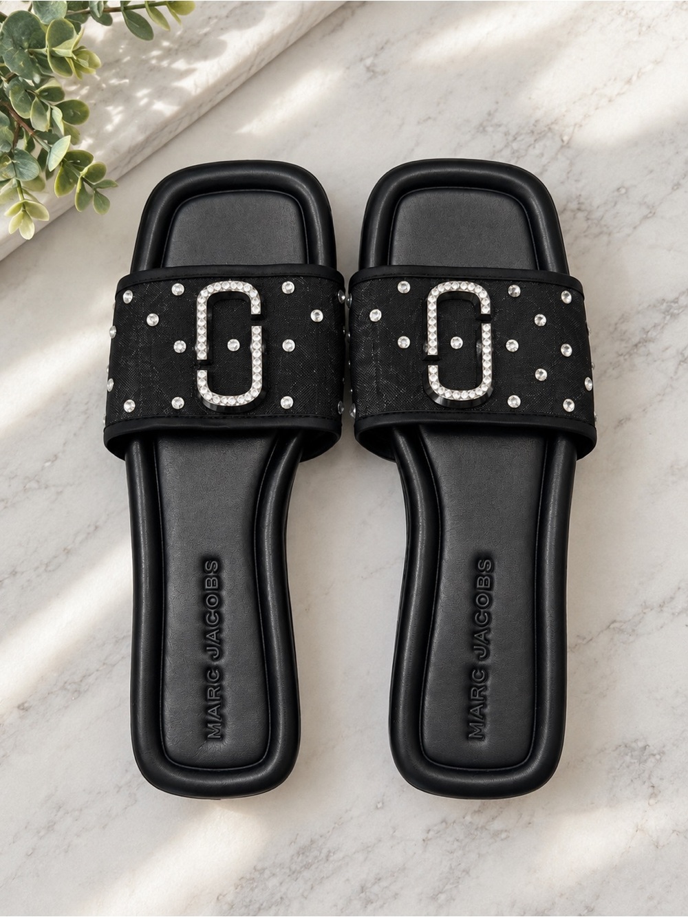 Marc Jacobs Black Crystal Logo Slide Sandals